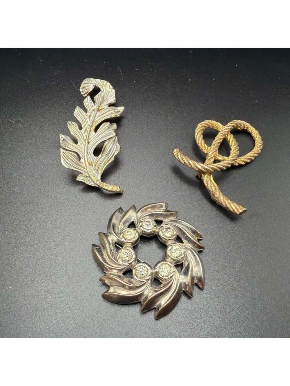 Set of 3 Vintage Metal Brooches - Leaf, Wreath, and Rope Designs
